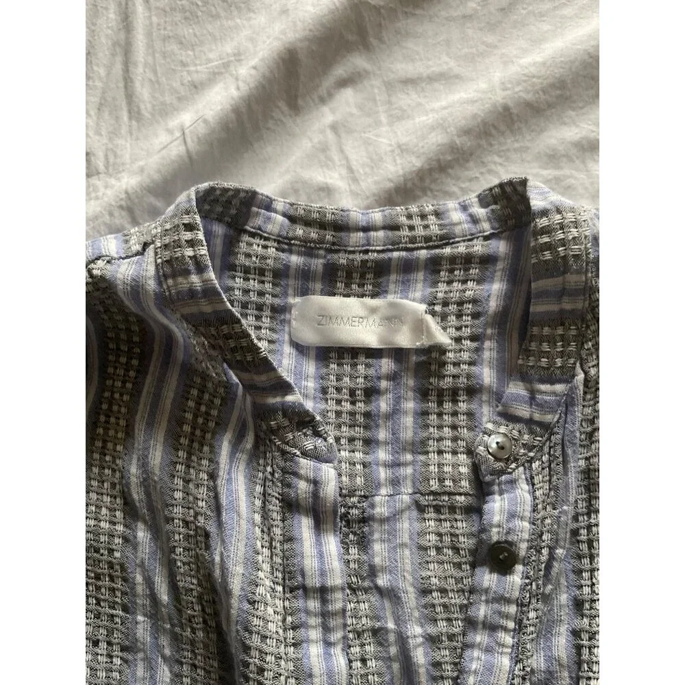 Zimmermann cotton linen blue black stripe waffles buttons shirt AU3 bust38 US6 - Picture 3 of 9